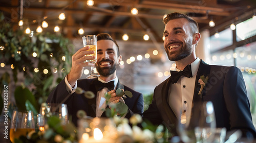 A chic urban loft reception with two grooms toasting to their love against a backdrop of industrial architecture, photo