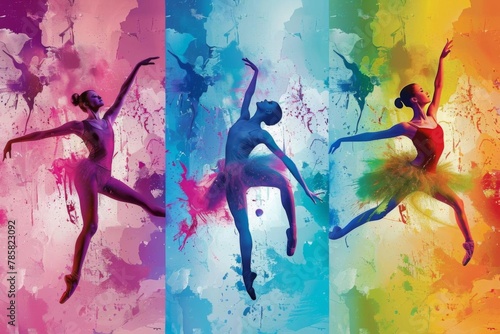 energetic ballet dancers in colorful paint splashes triptych illustration photo