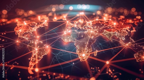 Illuminated network lines on world map background - The image showcases a world map in the night with bright network connections symbolizing global trade routes
