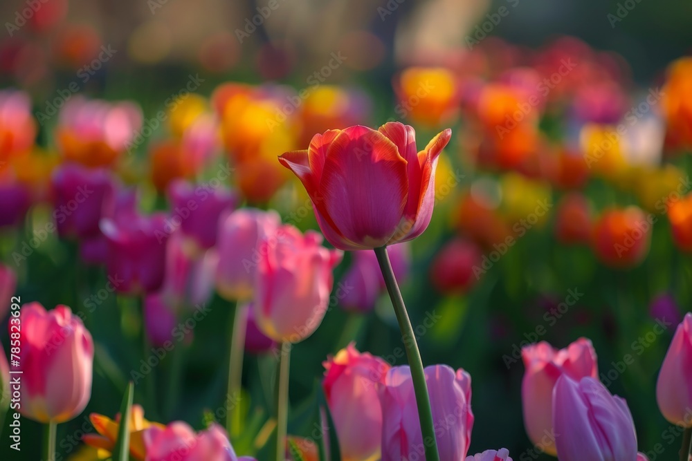 Fototapeta premium Colorful tulips in a garden with a spring background