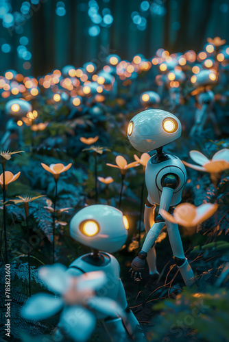 A group of robots are walking through a field of flowers