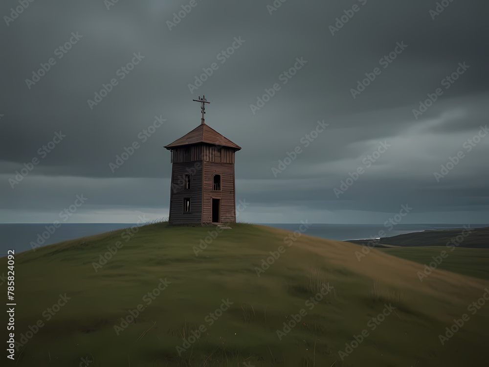 A Wooden Tower on a Grassy Hill A Wooden Tower on a Grassy Hill