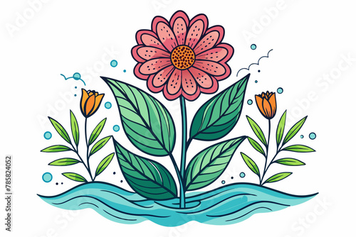 Charming line art flower with delicate petals and intricate details graces a pure white background.