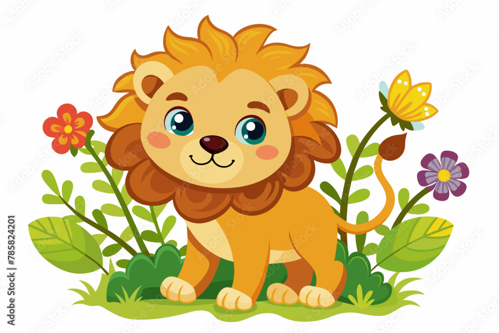A charming cartoon lion holds a bouquet of flowers in its paws. A charming cartoon lion holds a bouquet of flowers in its paws.