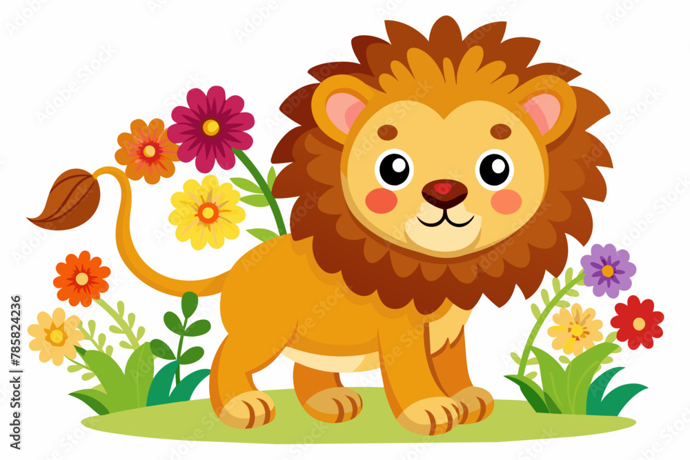 Lions cartoon charming with flowers on a white background Lions cartoon charming with flowers on a white background