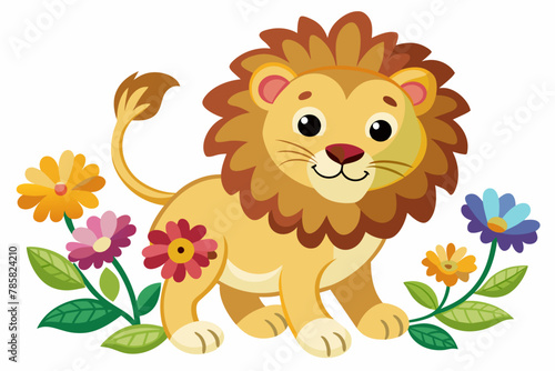 Charming cartoon lions adorned with flowers frolic on a pristine white backdrop.