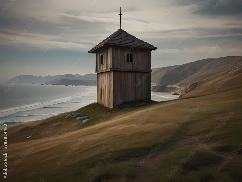 A Wooden Tower on a Grassy Hill