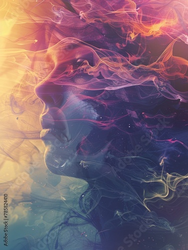 Abstract Artistic Representation of a Face - Vivid abstract art piece depicting a surreal, colorful face interwoven with dynamic smoke-like forms with a fantasy feel photo