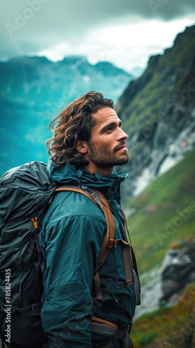 Portrait of Man Hiking in Mountains,