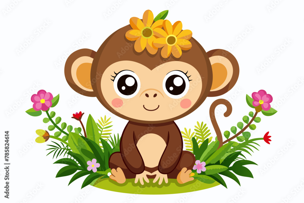 Obraz premium A charming monkey cartoon animal adorned with flowers exudes happiness and joy.