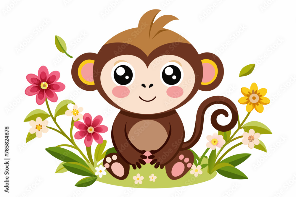 Charming cartoon monkey holding colorful flowers. Charming cartoon monkey holding colorful flowers.
