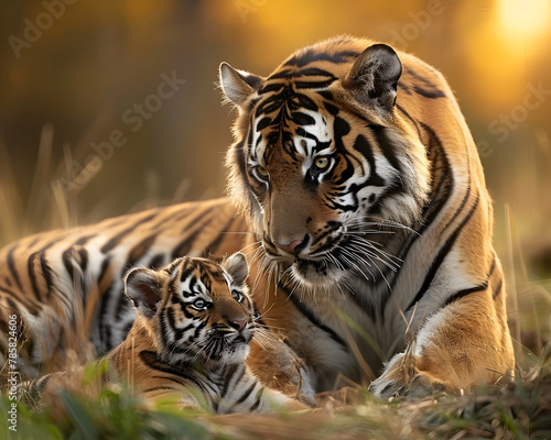 Majestic Bengal Tiger Cub Playfully Bonding with Protective Mother in Glowing Grassland