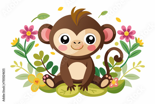 Charming cartoon monkey surrounded by vibrant flowers.