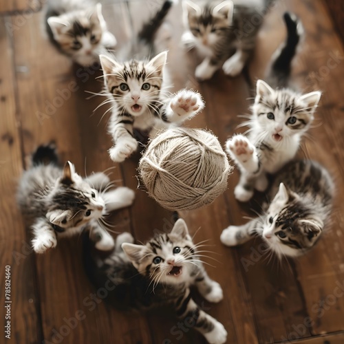 Mischievous Kittens Chasing a Ball of Yarn in a Playful Feline Frenzy