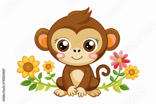 Charming cartoon monkey adorned with vibrant flowers, exuding joy and playfulness.