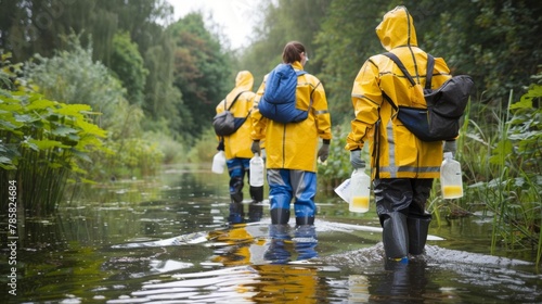 A team of scientists cautiously crossing a polluted waterway attention focused on collecting water samples while facing away . . photo