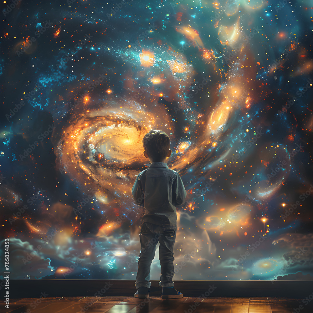 A child looks at a universe concept while celebrating International Literacy Day, emphasizing the importance of books and education.