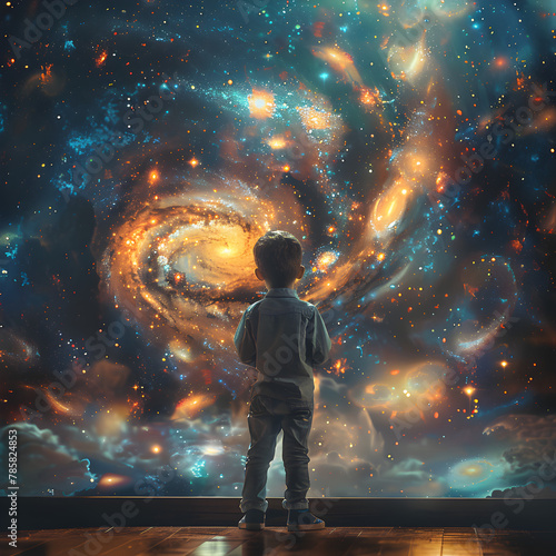 A child looks at a universe concept while celebrating International Literacy Day, emphasizing the importance of books and education.