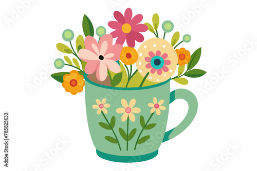 Charming mug adorned with delicate flowers rests gracefully on a pristine white background.