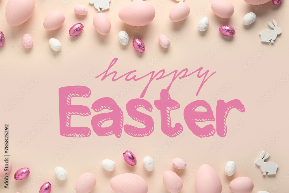 Stylish Easter frame made of eggs and bunny figures on beige background