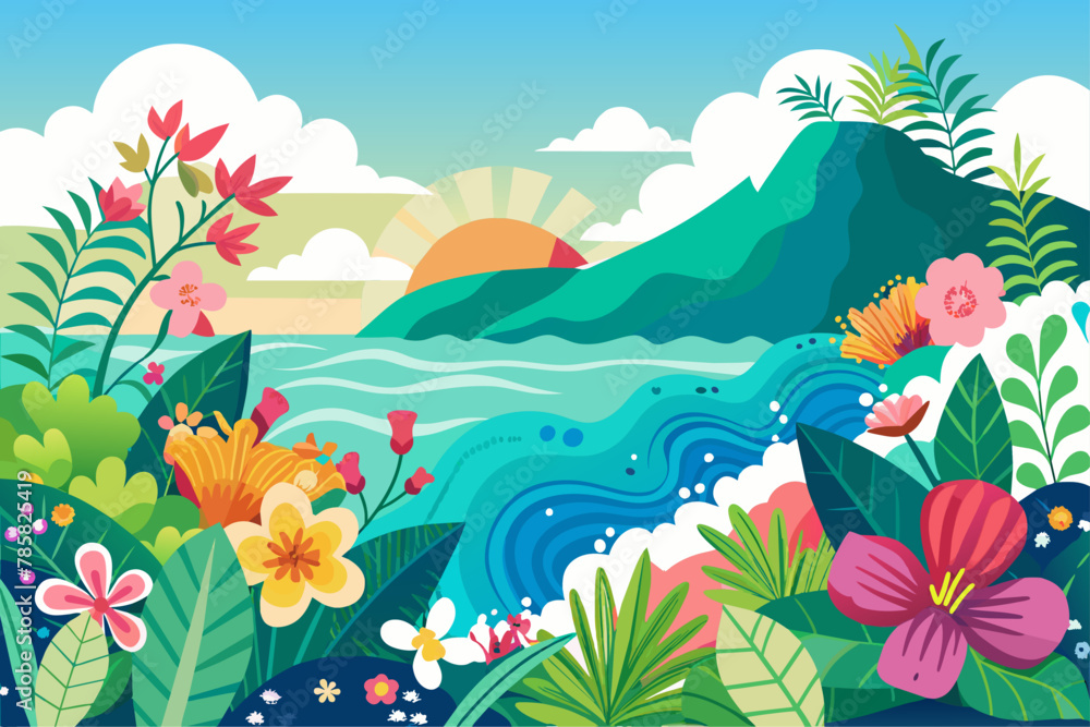 Charming ocean waters with flowers blooming on a pristine white background. Charming ocean waters with flowers blooming on a pristine white background.