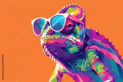 faceted chameleon wearing sunglasses on vibrant solid color background minimal vector illustration