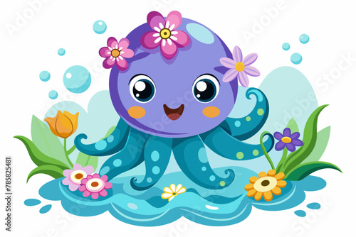 A charming octopus cartoon wears flowers, exuding happiness and cuteness.