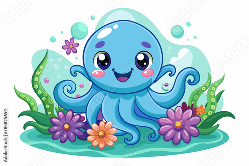 A charming octopus cartoon adorned with flowers, exuding a playful and whimsical aura.
