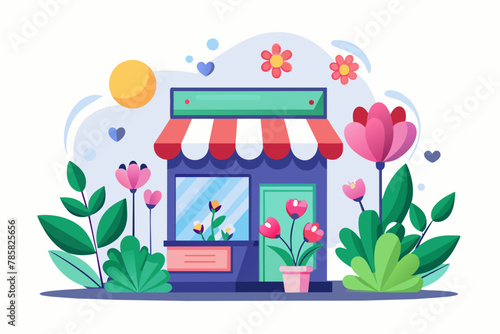 Charming online shop cartoon adorned with flowers on a white background.