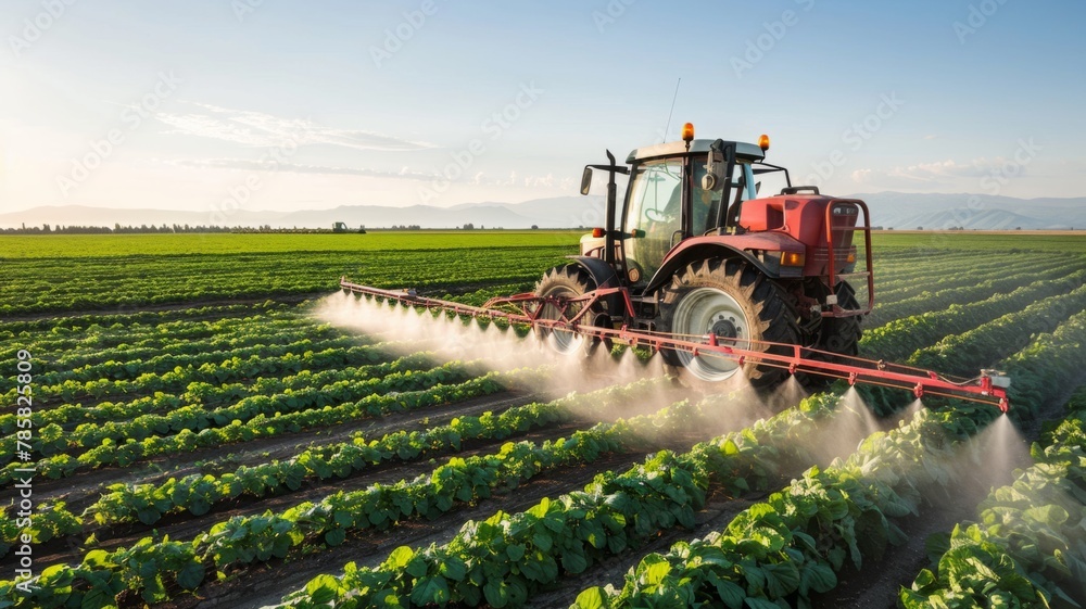 Fototapeta premium Tractor spraying pesticides on vegetable field - A tractor spraying pesticides over a lush green vegetable field, with a focus on modern agriculture