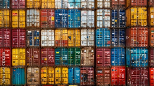 Stacked colorful shipping containers - A vibrant display of stacked shipping containers in various colors tightly organized in a logistic hub