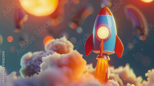 Space rocket in a whimsical setting - A vibrantly colored space rocket with a dreamlike backdrop creates a feel of wonder and imaginative space exploration