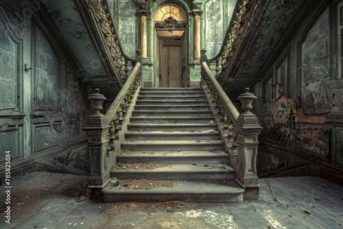 Eerie abandoned mansion staircase in decay - An atmospheric shot capturing the grand  albeit worn  staircase of a once-opulent mansion  evoking a sense of nostalgia and mystery