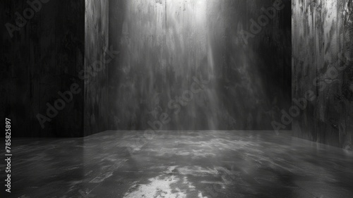 Dark room with dramatic light from above - An empty dark room illuminated by a single dramatic beam of light from above, creating a moody and atmospheric setting