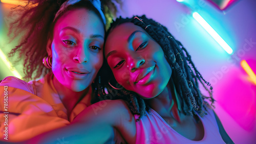 diverse lesbian couple in neon-lit selfie.