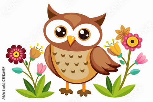 Charming owl cartoon with flowers on a white background