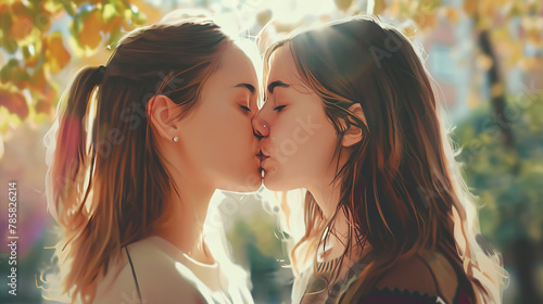 Teen women kissing portrait at park , close up. photo