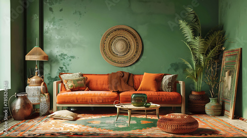 A stylish modern Bohemian living room interior design with green and orange tone colors. 3d rendering photo