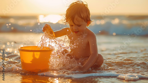 Child at beach playing with waterbucket on summer day 