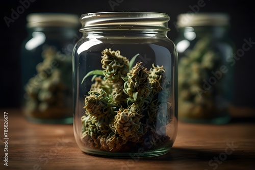 Cannabis buds in a jar, weed advertising 