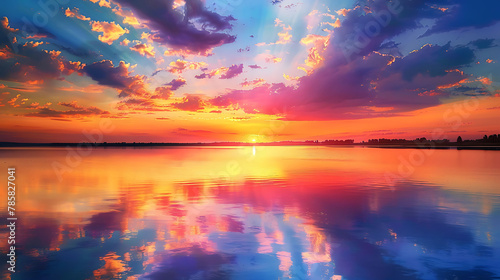 An image of a vibrant sunset over a serene lake, with colorful reflections shimmering on the water photo