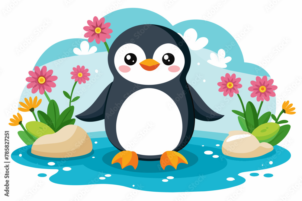Obraz premium Charming penguins in cartoon style adorned with vibrant flowers.