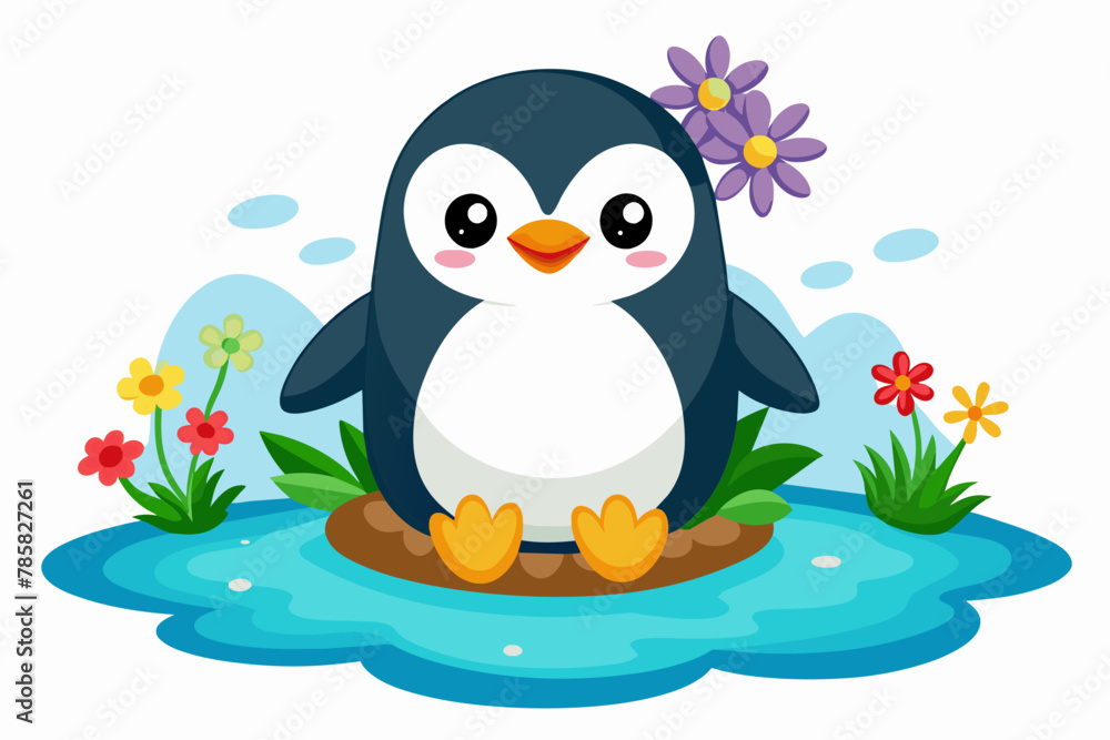 Naklejka premium Charming cartoon penguins adorned with vibrant flowers