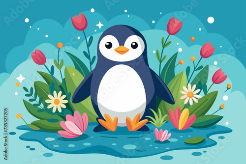 A charming penguin wears a crown of colorful flowers, standing proudly against a white background.