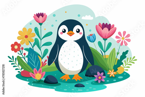 Charming penguin adorned with vibrant flowers, standing gracefully on a pristine white backdrop.