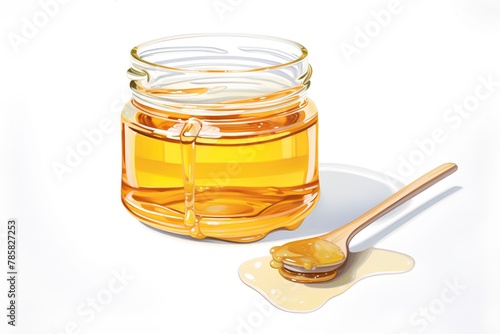 Honey in a glass jar with a wooden spoon on a white background