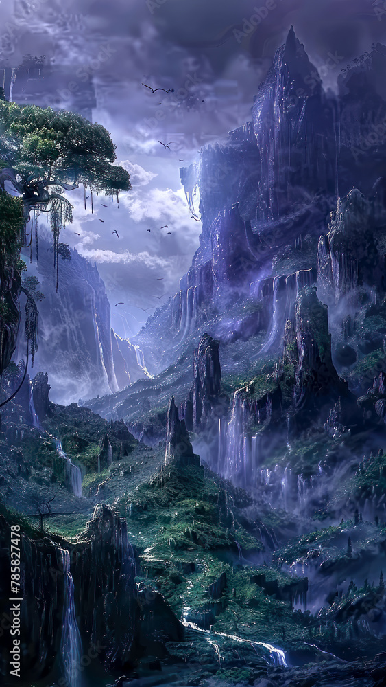 Fantasy blue green lush magical landscape with cliffs and waterfalls, majestic serene environment, otherworldly scenery Fantasy blue green lush magical landscape with cliffs and waterfalls, majestic serene environment, otherworldly scenery