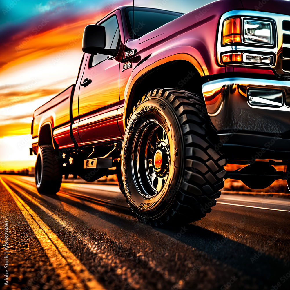 A red pickup truck parked on the side of a road during sunset, with the vehicle's front facing the camera and its large tires prominently visible.