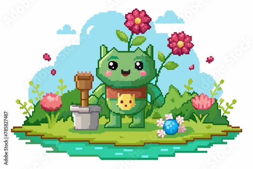 Pixelated cartoon of a charming character adorned with flowers  standing gracefully on a pure white background.
