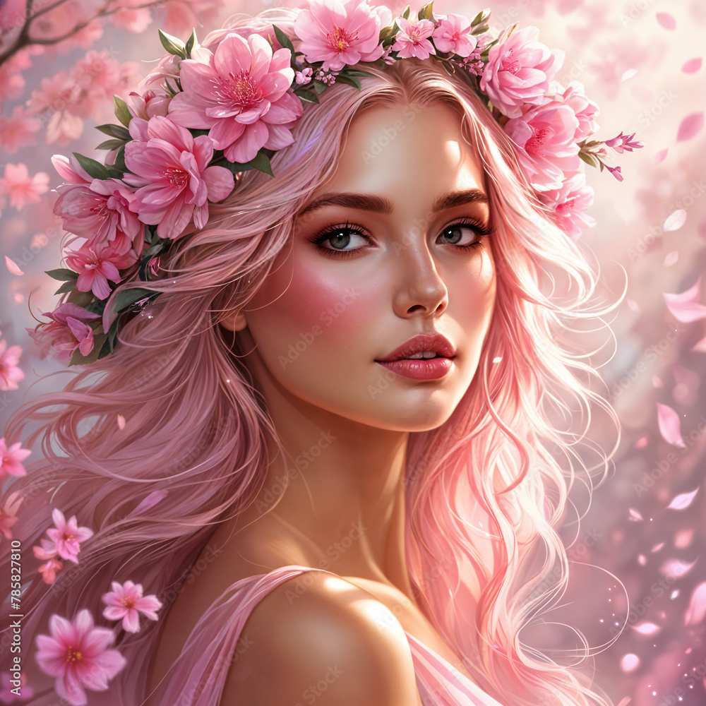 A woman with long pink hair adorned with flowers, set against a soft pink background with falling petals. A woman with long pink hair adorned with flowers, set against a soft pink background with falling petals.